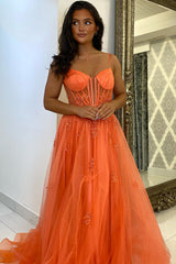 Dreamyannie Orange Prom Dress Floral A-Line Spaghetti Straps Long Formal Dress