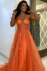 Dreamyannie Orange Prom Dress Floral A-Line Spaghetti Straps Long Formal Dress
