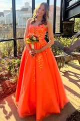 Dreamyannie Orange Prom Dress Floral Corset A-Line Long Formal Dress