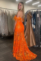 Dreamyannie Orange Prom Dress Floral Mermaid Off The Shoulder Long Formal Dress With Slit