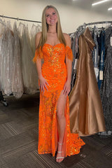 Dreamyannie Orange Prom Dress Floral Mermaid Off The Shoulder Long Formal Dress With Slit
