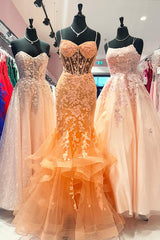 Dreamyannie Orange Prom Dress Floral Mermaid Ruffles Spaghetti Straps Long Formal Dress