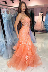 Dreamyannie Orange Prom Dress Floral Mermaid Ruffles Spaghetti Straps Long Formal Dress