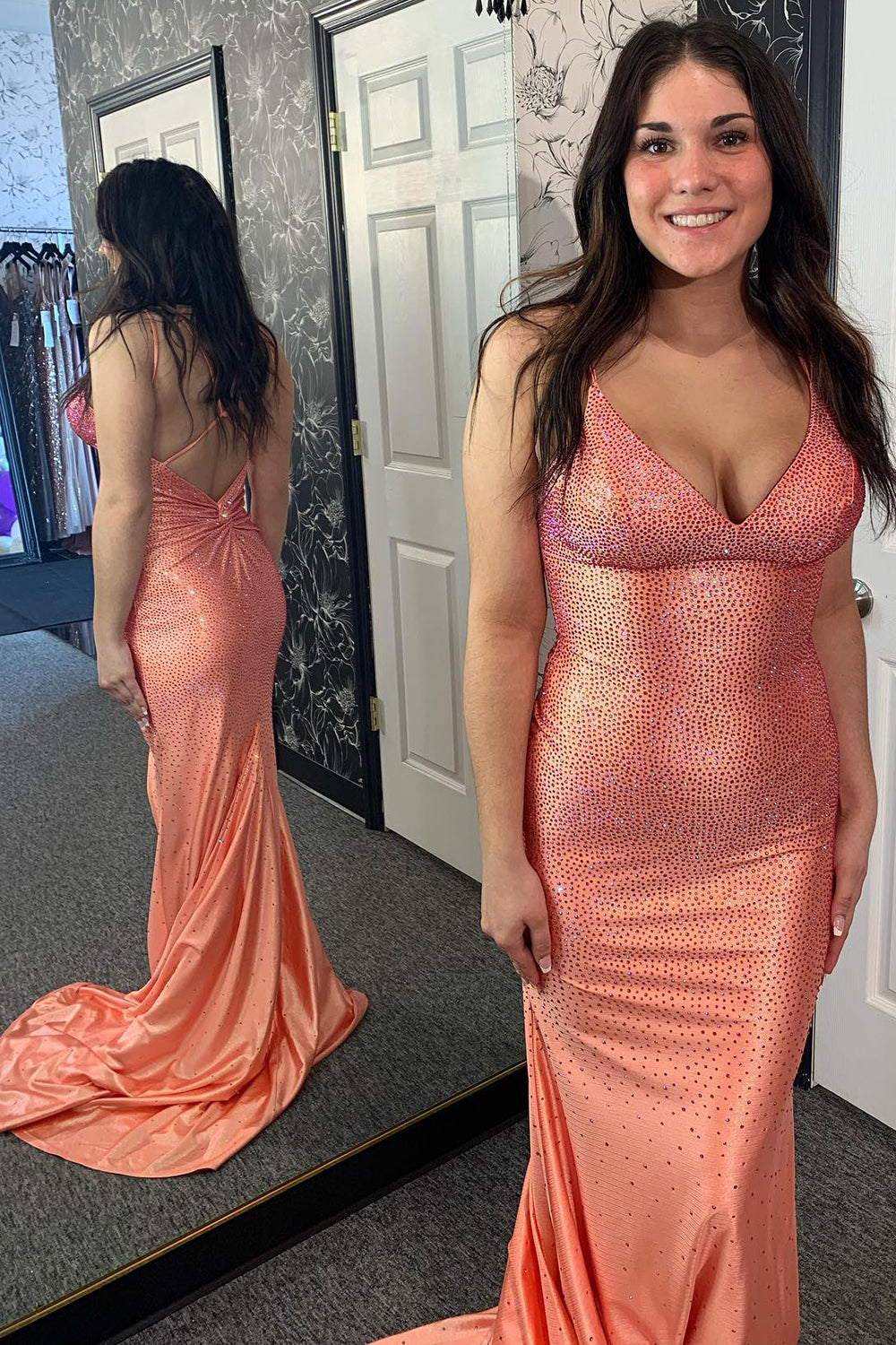 Dreamyannie Orange Prom Dress Mermaid Beaded Lace-Up Back Long Formal Dress