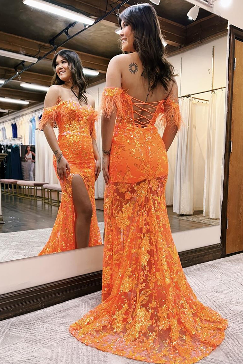 Dreamyannie Orange Prom Dress Mermaid Off The Shoulder Feathered Long Formal Dress With Slit