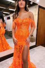 Dreamyannie Orange Prom Dress Mermaid Off The Shoulder Feathered Long Formal Dress With Slit