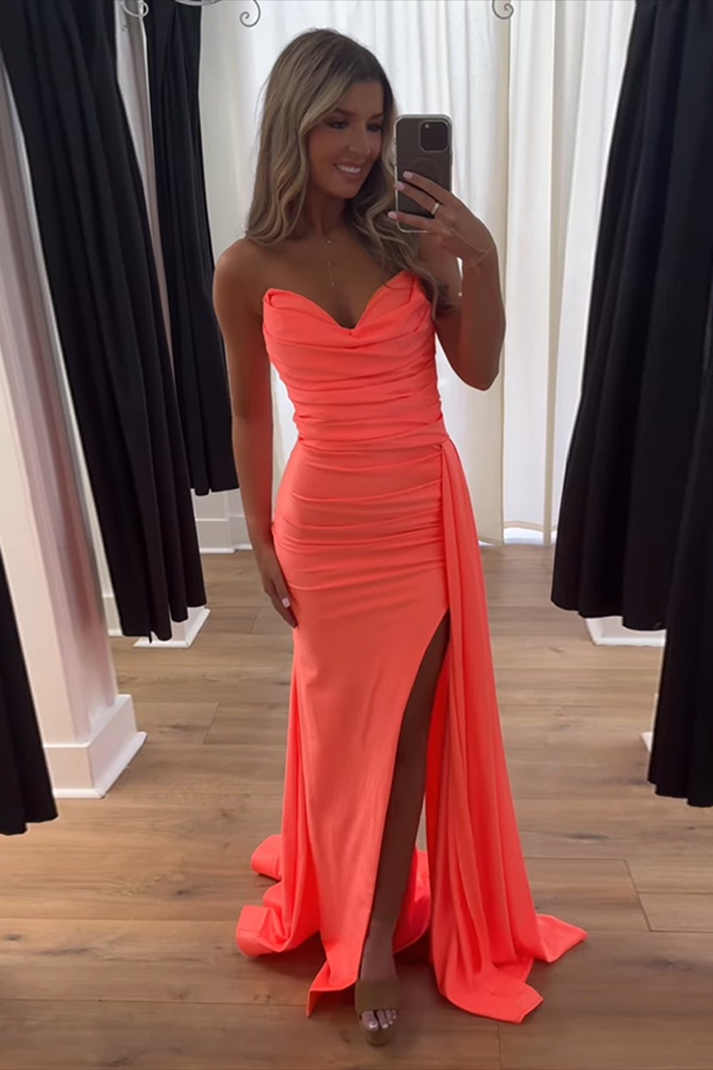 Dreamyannie Orange Prom Dress Ruched Mermaid Side Cape Long Formal Dress With Slit