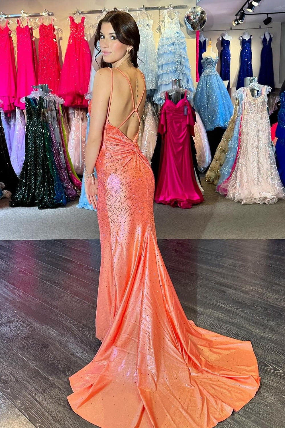 Dreamyannie Orange Prom Dress Spaghetti Straps Mermaid Long Formal Dress