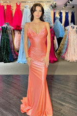 Dreamyannie Orange Prom Dress Spaghetti Straps Mermaid Long Formal Dress