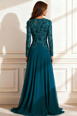 Dreamyannie Peacock Blue A Line Floor Length Mother Of The Bride Dress With Lace
