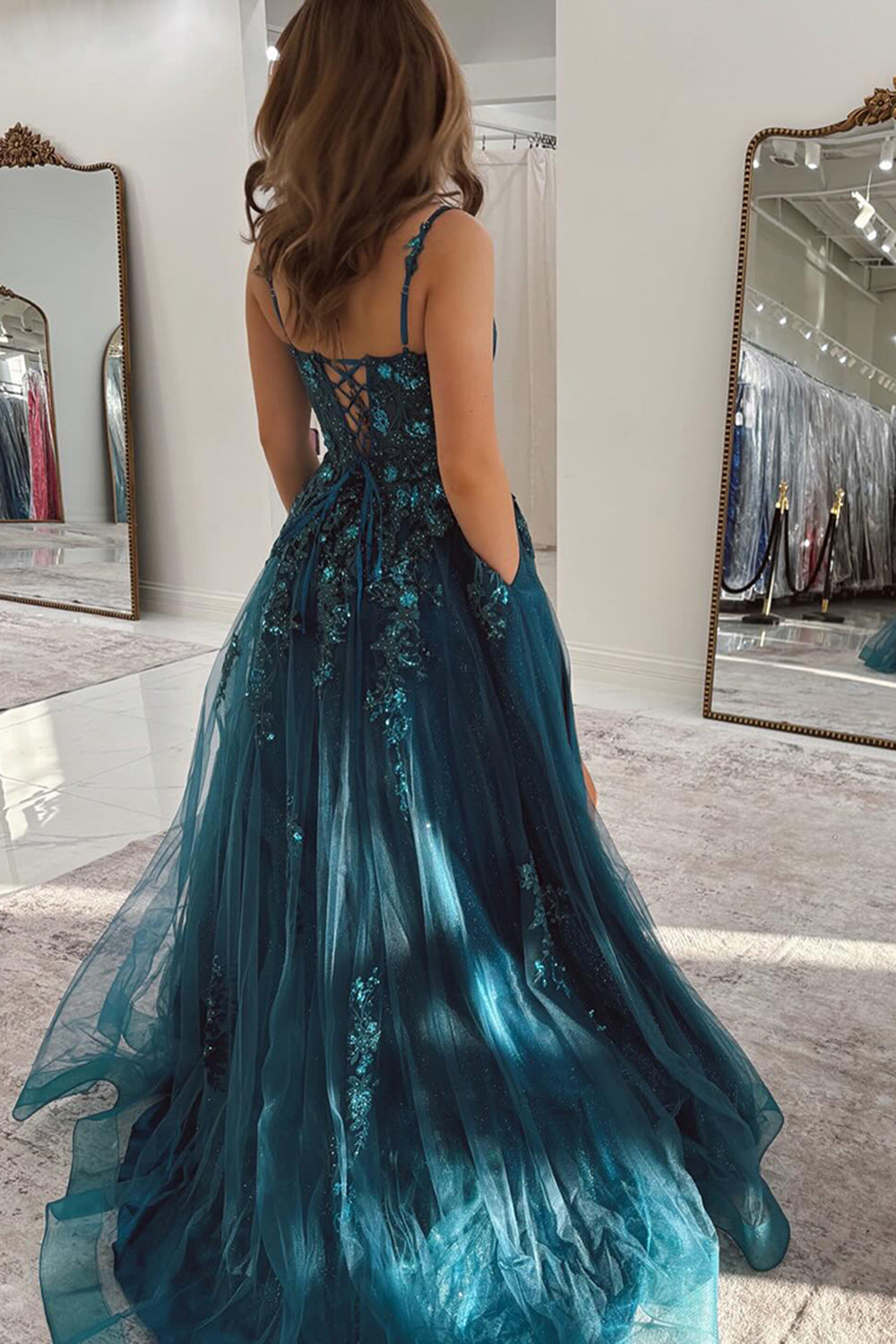 Dreamyannie Peacock Blue Prom Dress A Line Appliqued Tulle Long Formal Dress With Slit