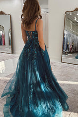 Dreamyannie Peacock Blue Prom Dress A Line Appliqued Tulle Long Formal Dress With Slit