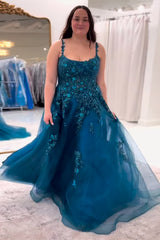 Dreamyannie Peacock Blue Prom Dress A Line Appliqued Tulle Long Formal Dress With Slit