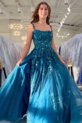 Dreamyannie Peacock Blue Prom Dress A Line Appliqued Tulle Long Formal Dress With Slit