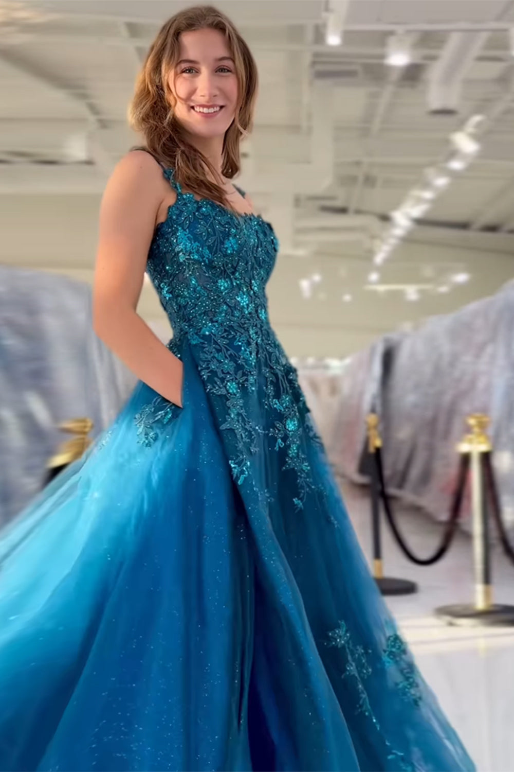 Dreamyannie Peacock Blue Prom Dress A Line Appliqued Tulle Long Formal Dress With Slit