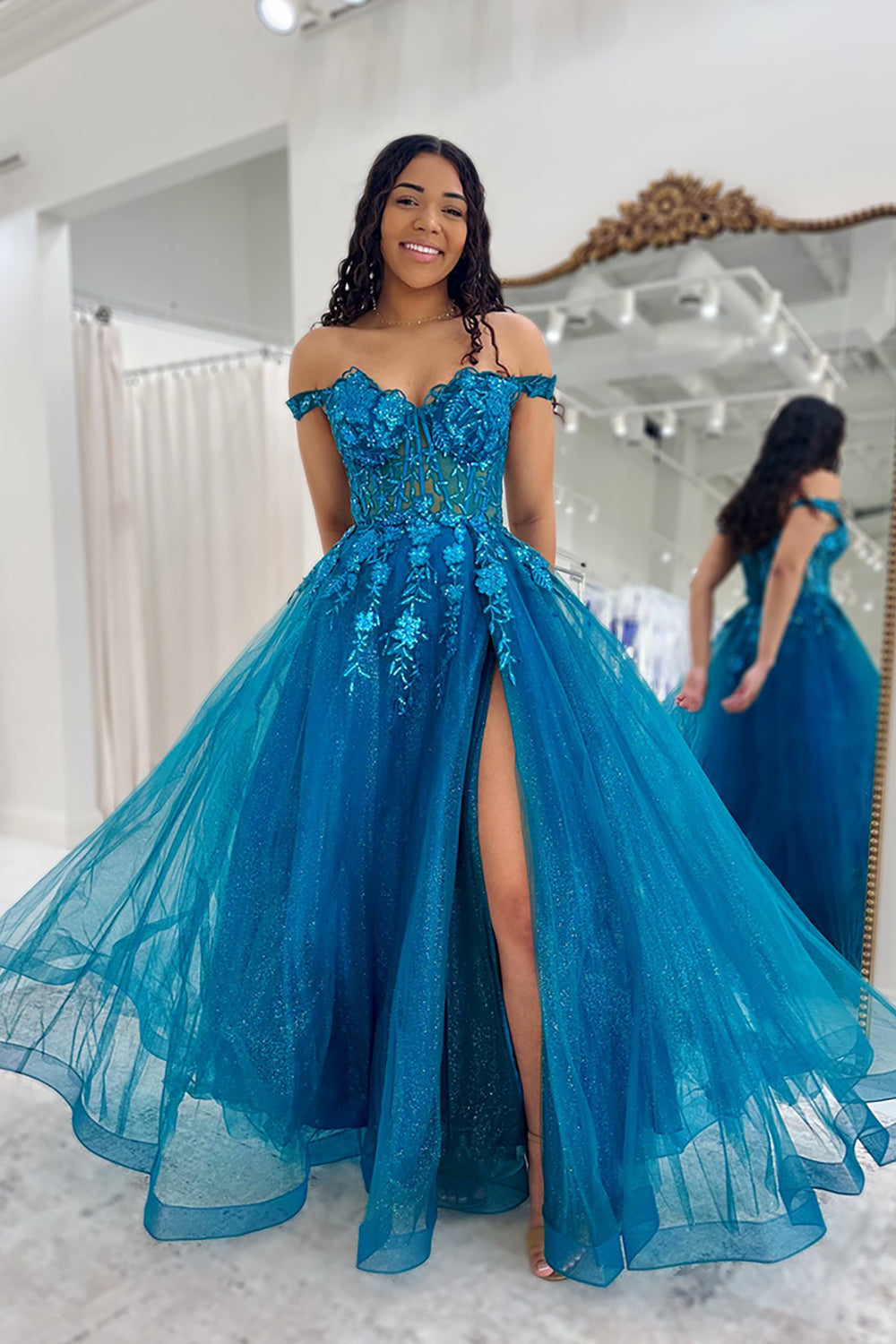 Dreamyannie Peacock Blue Prom Dress A Line Off The Shoulder Floral Tulle Formal Dress With Slit