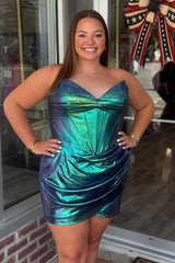 Dreamyannie Peacock Green Homecoming Dresses Metallic Beaded Corset Short Tight Cocktail Dresses