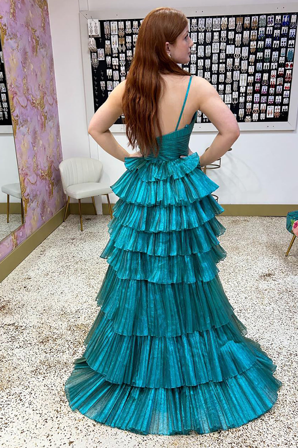 Dreamyannie Peacock Green Prom Dress A Line High-Low Ruffled Long Formal Dress