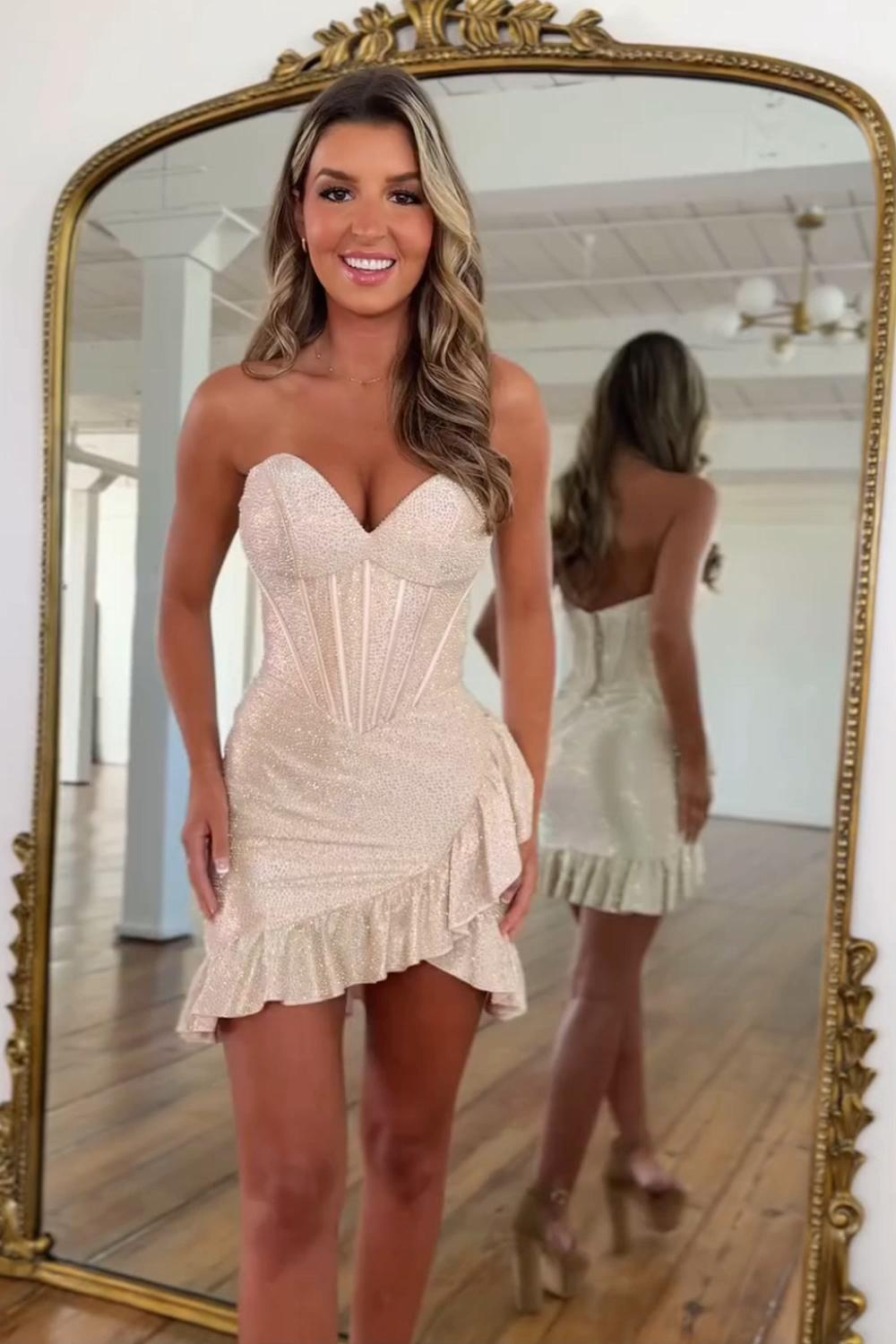 Dreamyannie Pink Beaded Homecoming Dresses Corset Ruffled Short Tight Cocktail Dresses