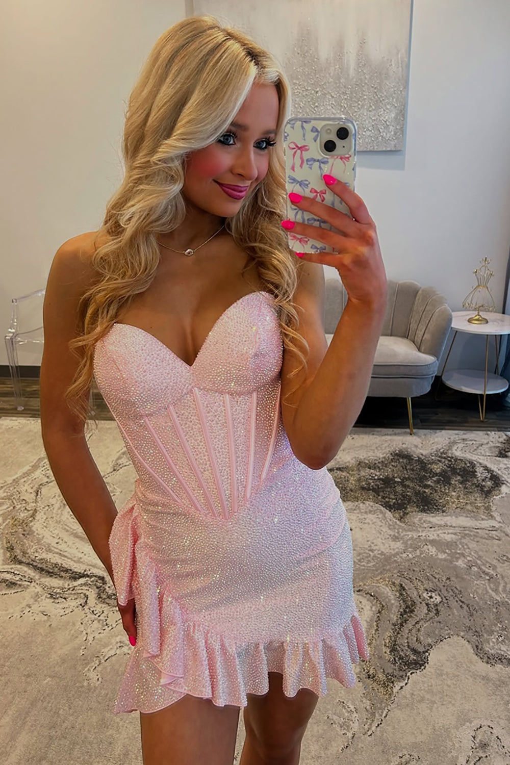 Dreamyannie Pink Beaded Homecoming Dresses Corset Ruffled Short Tight Cocktail Dresses