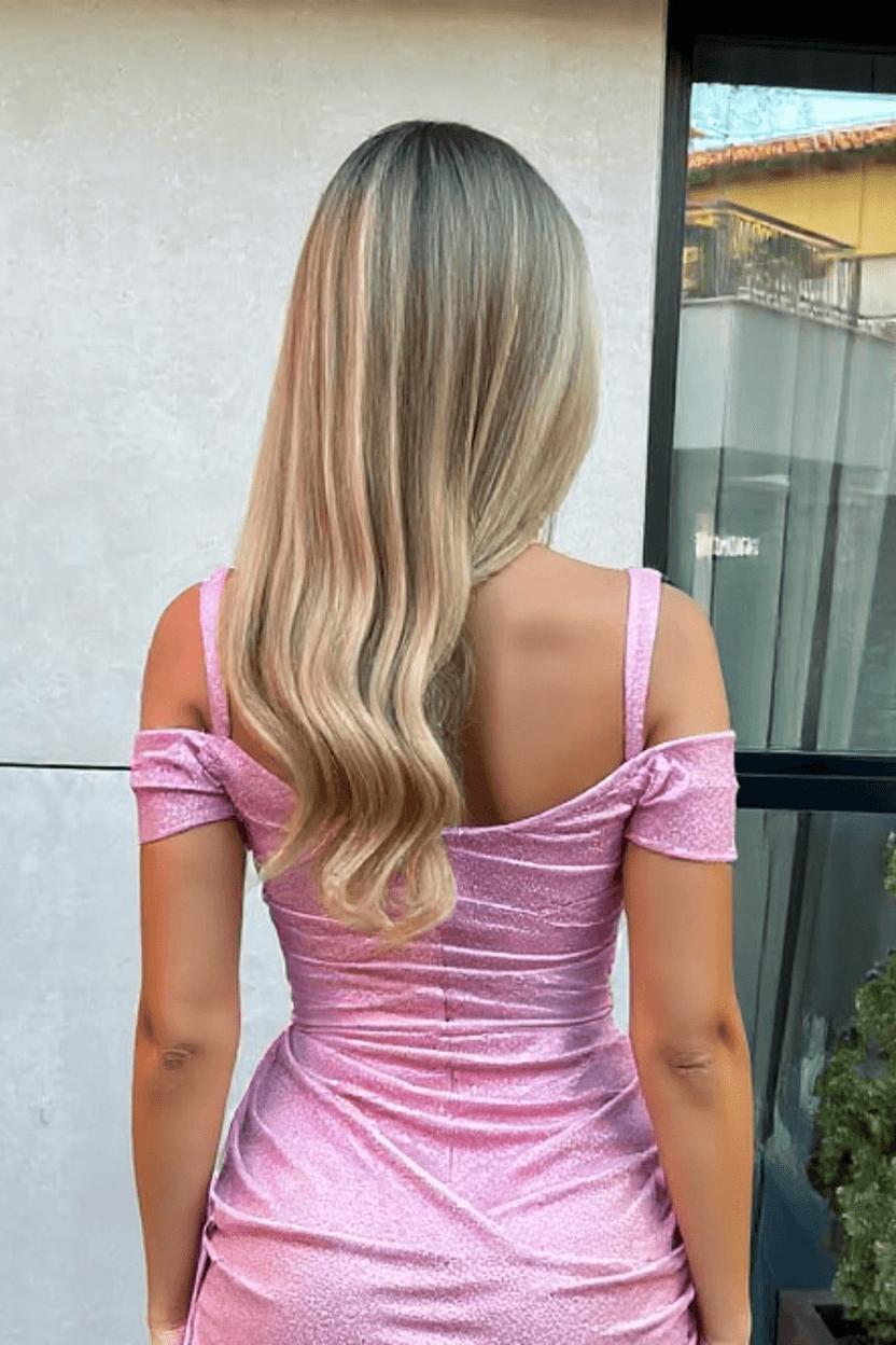 Dreamyannie Pink Cold Shoulder Homecoming Dress Sequined Cocktail Dress with Panel Train