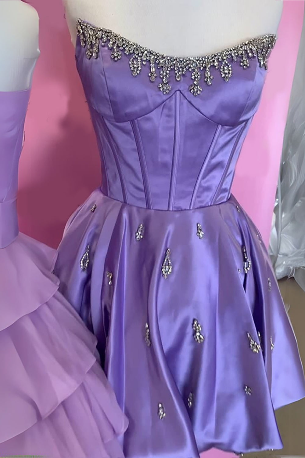 Dreamyannie Pink Corset Homecoming Dresses Strapless Short Cocktail Dresses With Rhinestone