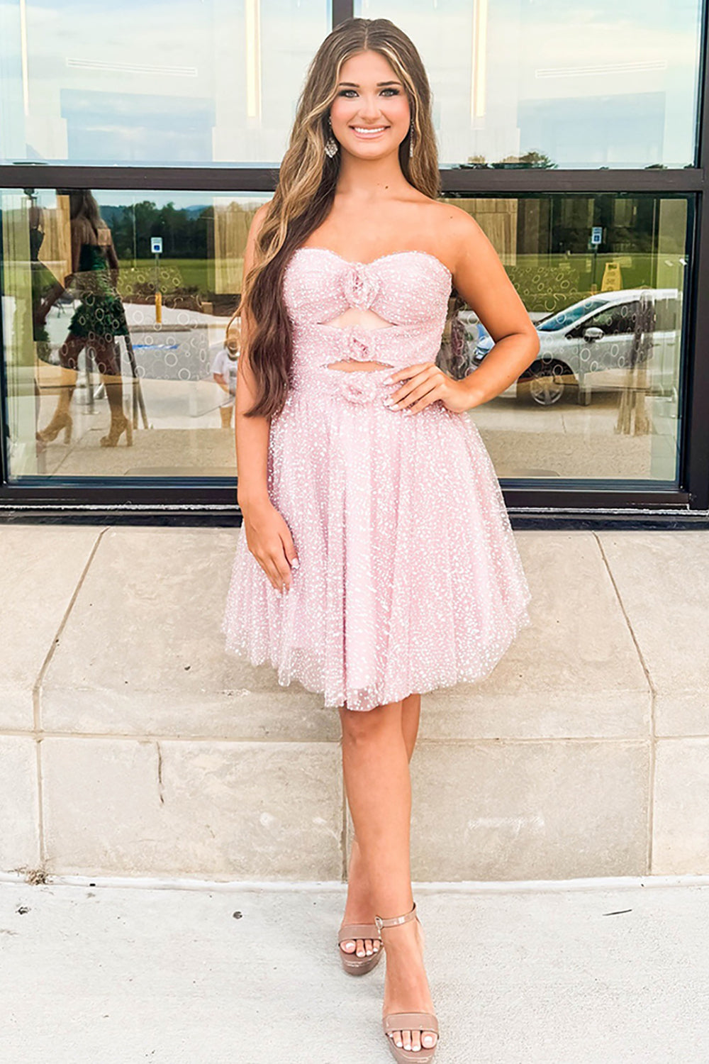 Dreamyannie Pink Dots Floral Cut Out A Line Homecoming Dresses Short Cocktail Dresses