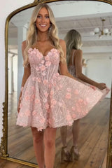 Dreamyannie Pink Floral A Line Homecoming Dresses Short Corset Cocktail Dresses With Rhinestones