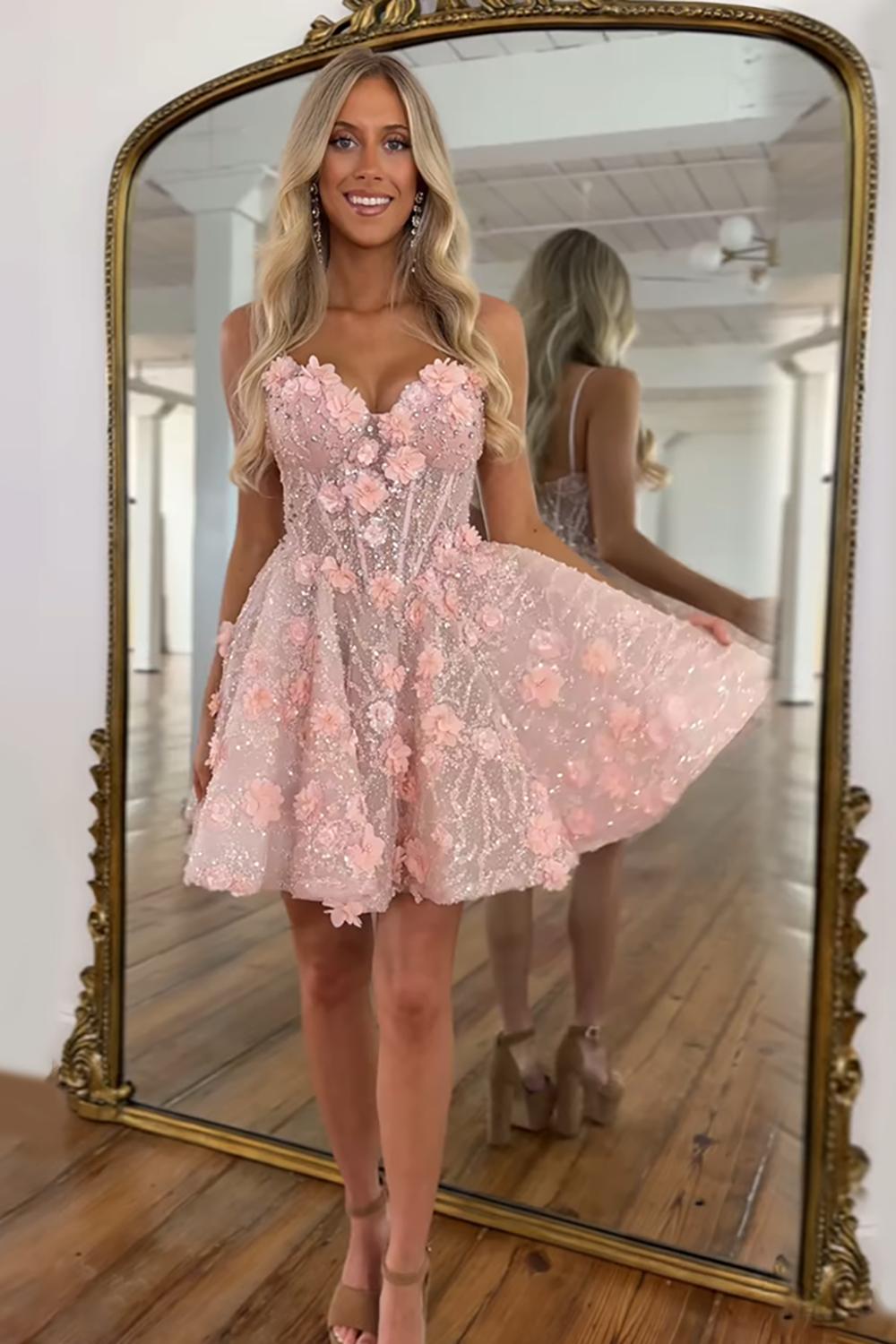 Dreamyannie Pink Floral A Line Homecoming Dresses Short Corset Cocktail Dresses With Rhinestones