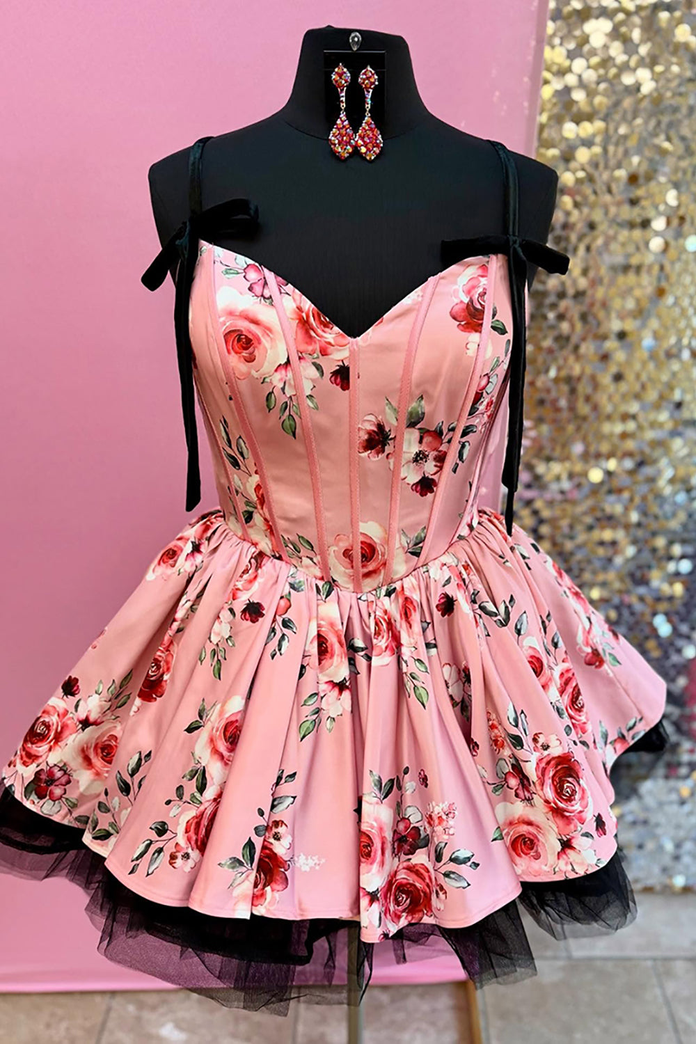 Dreamyannie Pink Floral Printed A Line Homecoming Dresses Short Corset Cocktail Dresses With Bow