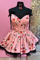 Dreamyannie Pink Floral Printed A Line Homecoming Dresses Short Corset Cocktail Dresses With Bow
