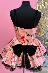 Dreamyannie Pink Floral Printed A Line Homecoming Dresses Short Corset Cocktail Dresses With Bow
