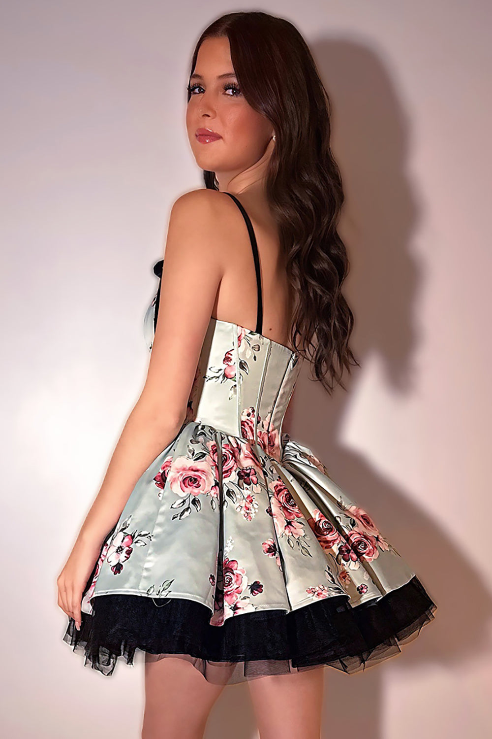 Dreamyannie Pink Floral Printed A Line Homecoming Dresses Short Corset Cocktail Dresses With Bow