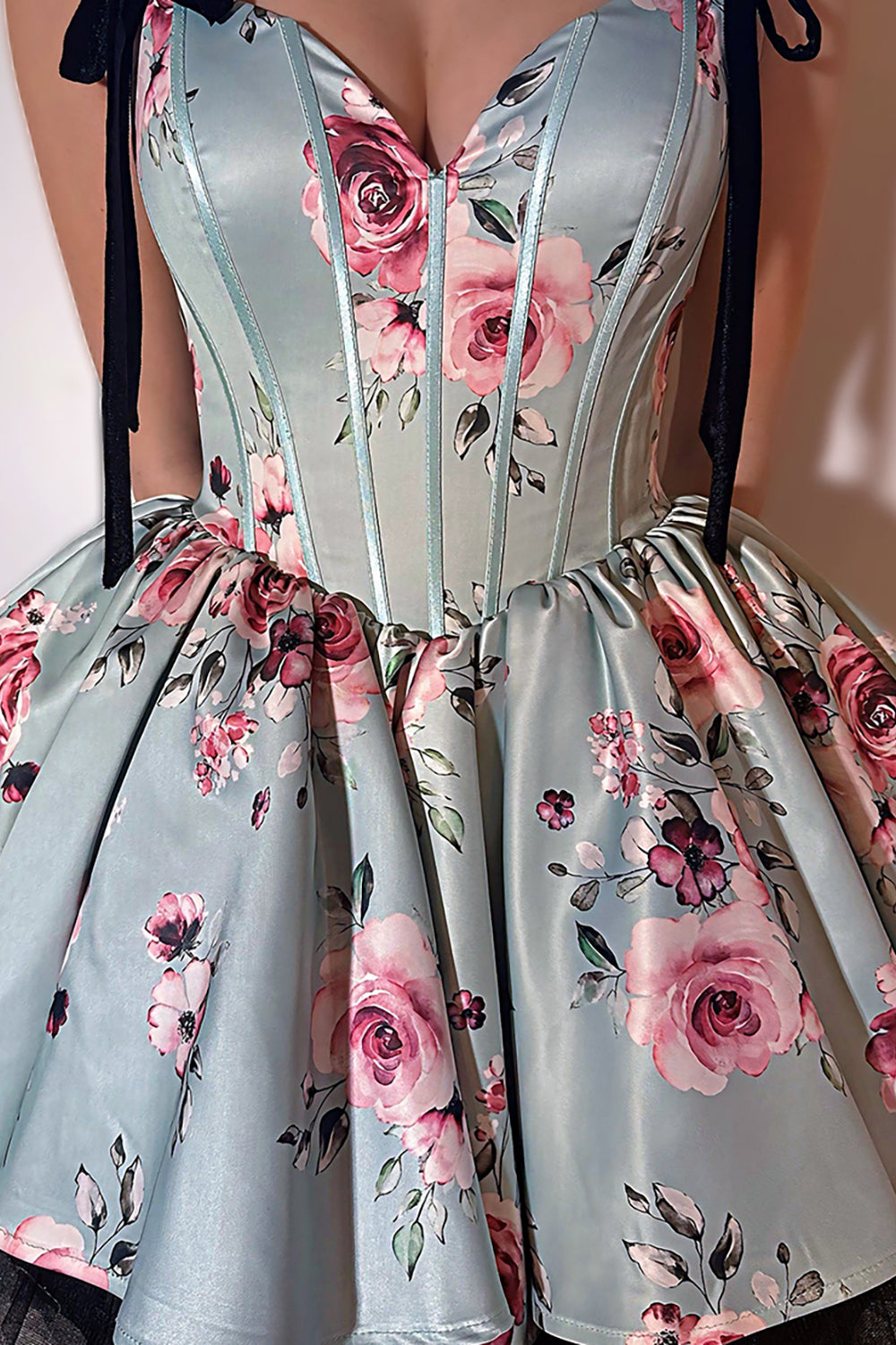 Dreamyannie Pink Floral Printed A Line Homecoming Dresses Short Corset Cocktail Dresses With Bow