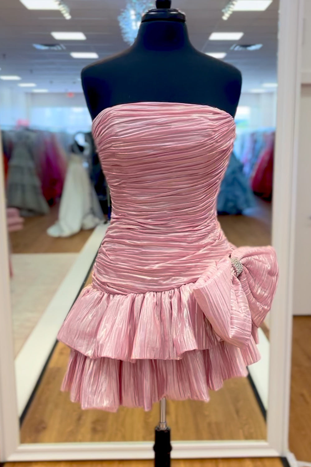 Dreamyannie Pink Pleated A Line Homecoming Dresses Short Cocktail Dresses With Bow