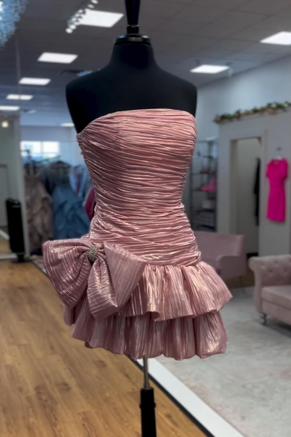 Dreamyannie Pink Pleated A Line Homecoming Dresses Short Cocktail Dresses With Bow