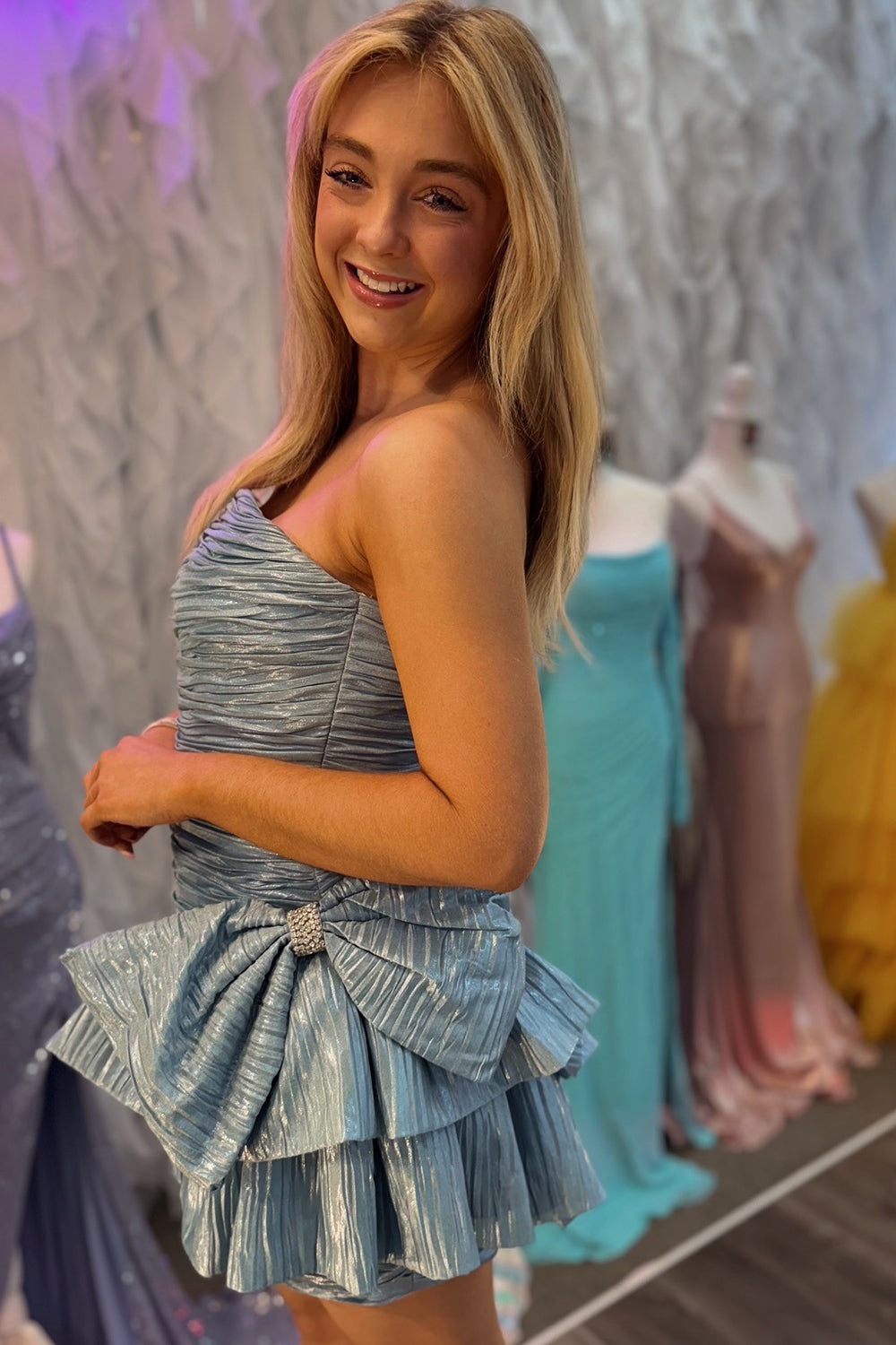 Dreamyannie Pink Pleated A Line Homecoming Dresses Short Cocktail Dresses With Bow