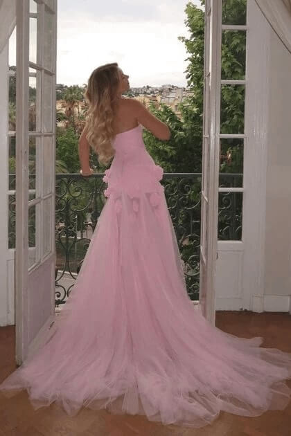 Dreamyannie Pink Prom Dress 3D Flowers Strapless Mermaid Formal Dress With Side Slit
