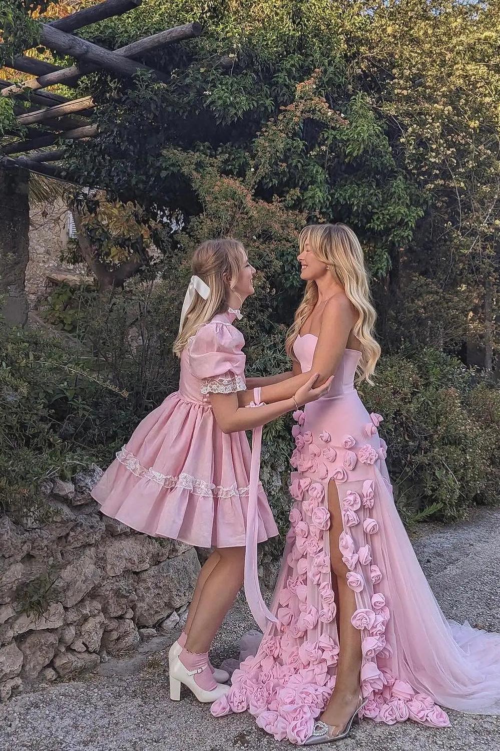 Dreamyannie Pink Prom Dress 3D Flowers Strapless Mermaid Formal Dress With Side Slit