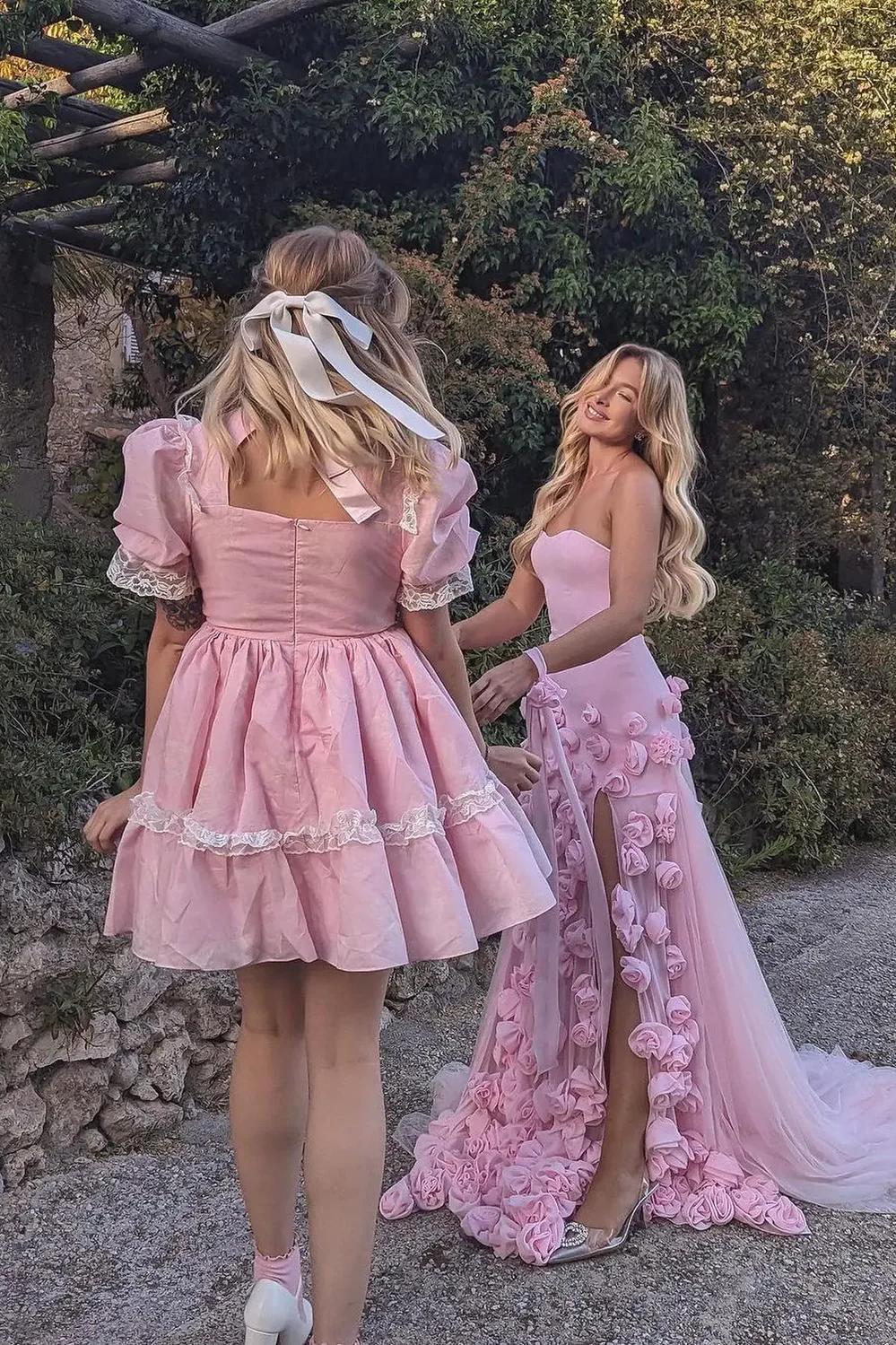 Dreamyannie Pink Prom Dress 3D Flowers Strapless Mermaid Formal Dress With Side Slit