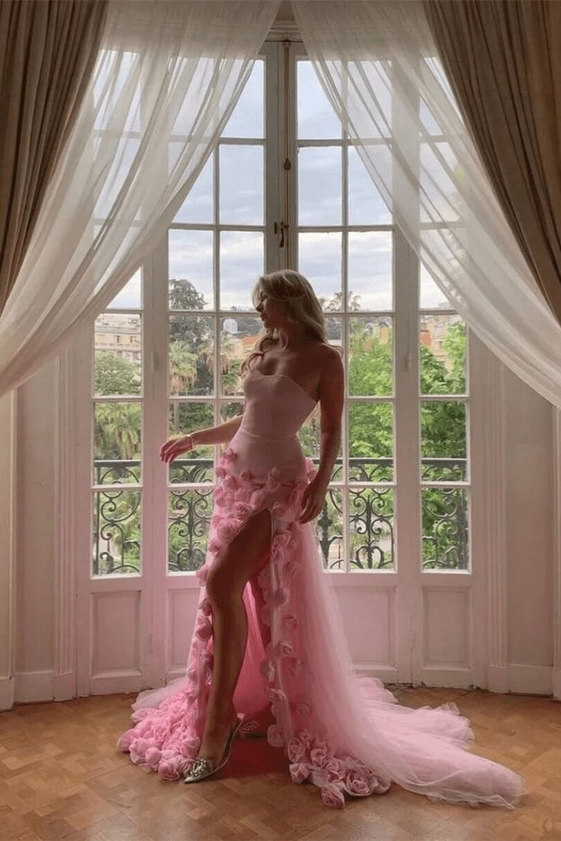 Dreamyannie Pink Prom Dress 3D Flowers Strapless Mermaid Formal Dress With Side Slit