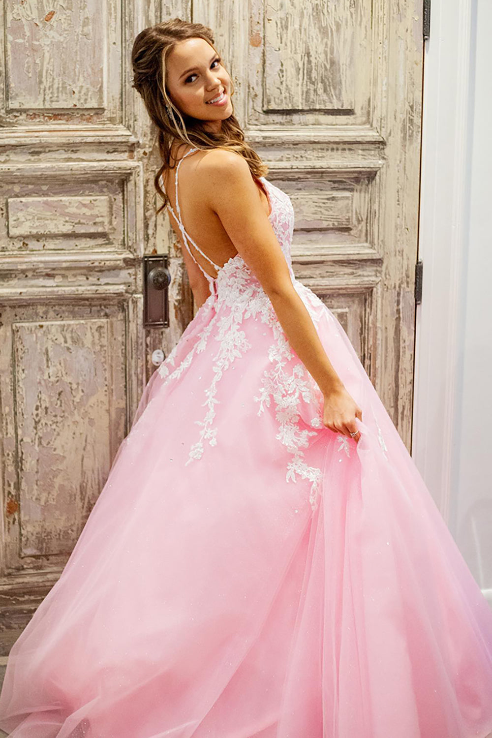 Dreamyannie Pink Prom Dress A Line Lace Tulle Backless Long Formal Dress