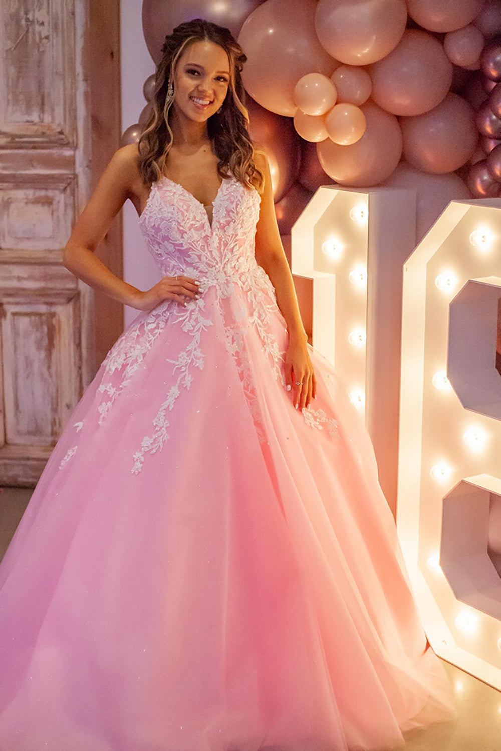 Dreamyannie Pink Prom Dress A Line Lace Tulle Backless Long Formal Dress