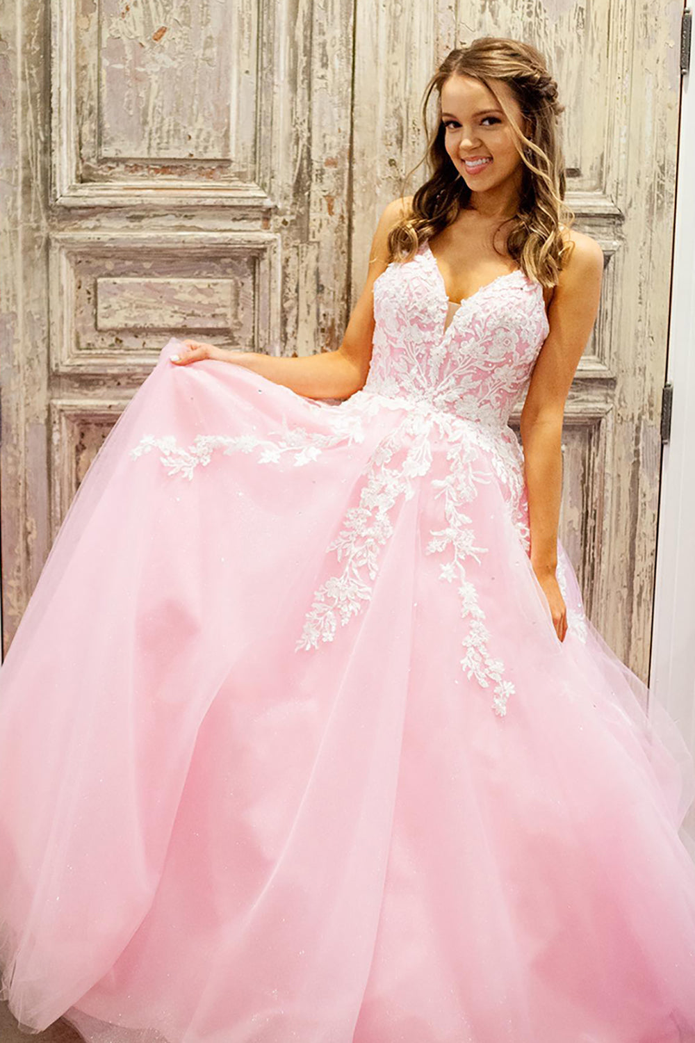 Dreamyannie Pink Prom Dress A Line Lace Tulle Backless Long Formal Dress