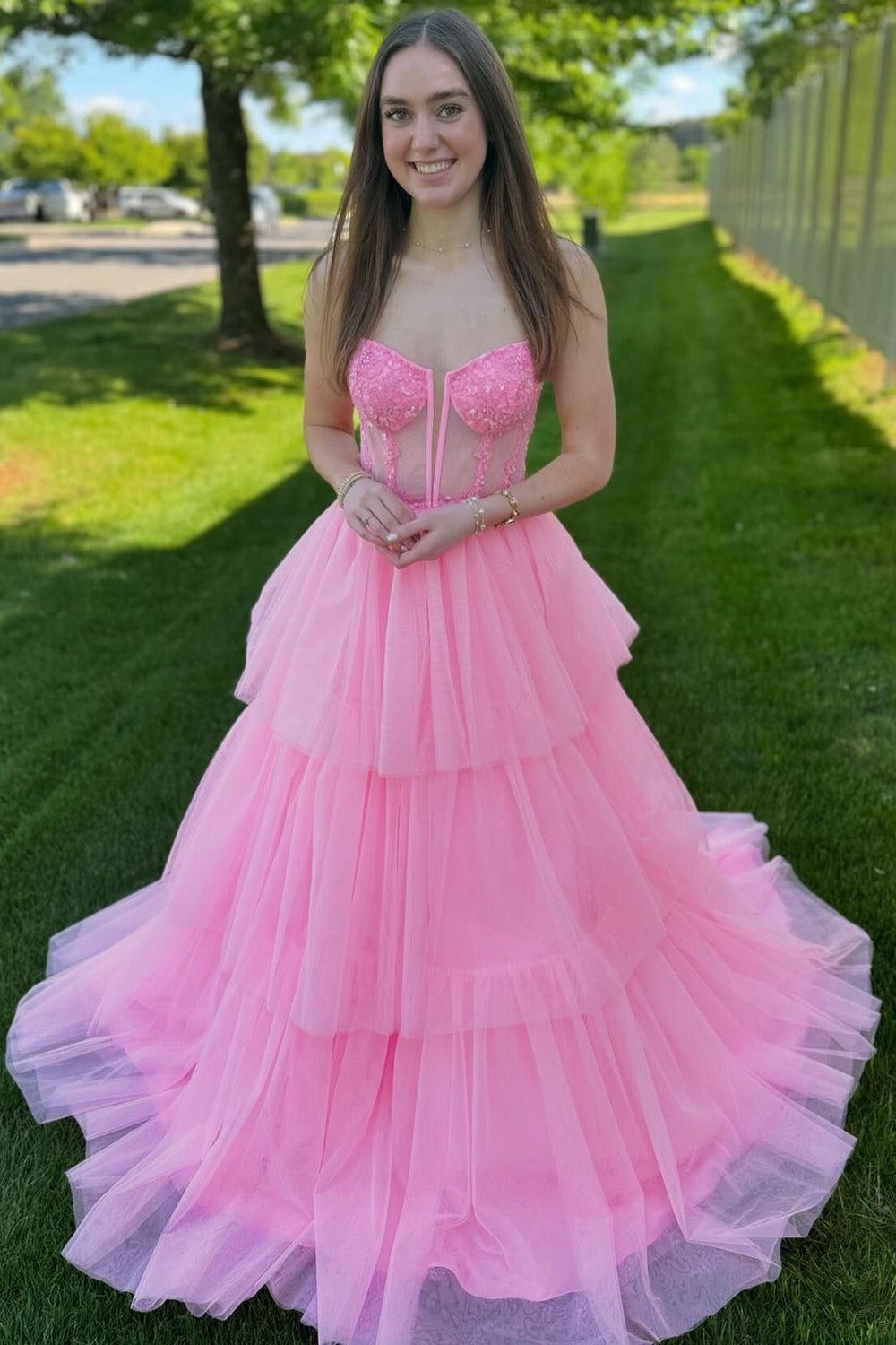 Dreamyannie Pink Prom Dress A-Line Ruffled Corset Long Formal Dress With Lace