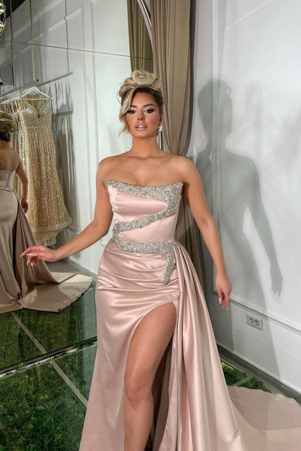 Dreamyannie Pink Prom Dress A Line Strapless Sequined Beading Formal Dress With Slit