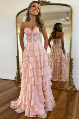 Dreamyannie Pink Prom Dress A-Line Tiered Chiffon Long Formal Dress With Lace