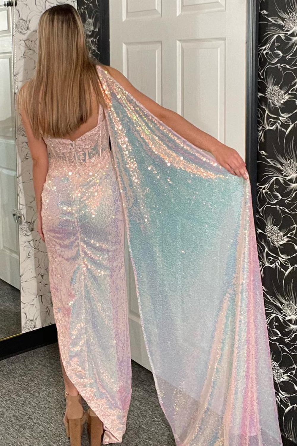 Dreamyannie Pink Prom Dress Corset Mermaid Side Cape Long Formal Dress With Slit