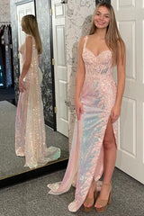 Dreamyannie Pink Prom Dress Corset Mermaid Side Cape Long Formal Dress With Slit
