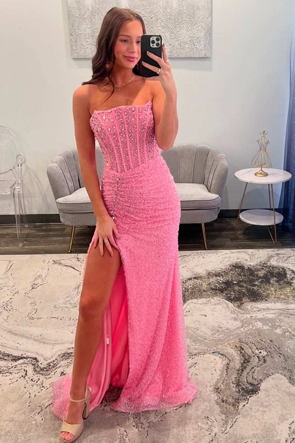 Dreamyannie Pink Prom Dress Corset Strapless Formal Dress With Slit
